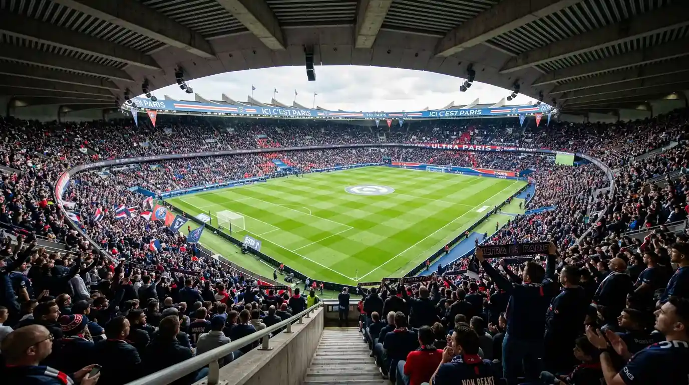 Parc des Princes stadion met PSG-tribunes vol supporters tijdens een Ligue 1-thuiswedstrijd