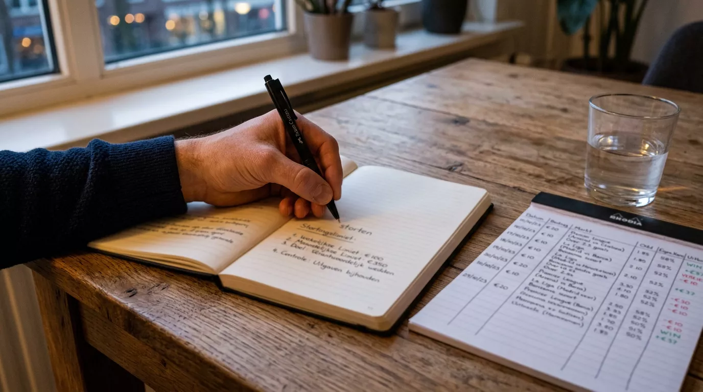 Hand schrijft notities in een open notitieboek naast een laptop met een eenvoudige lijngrafiek op het scherm