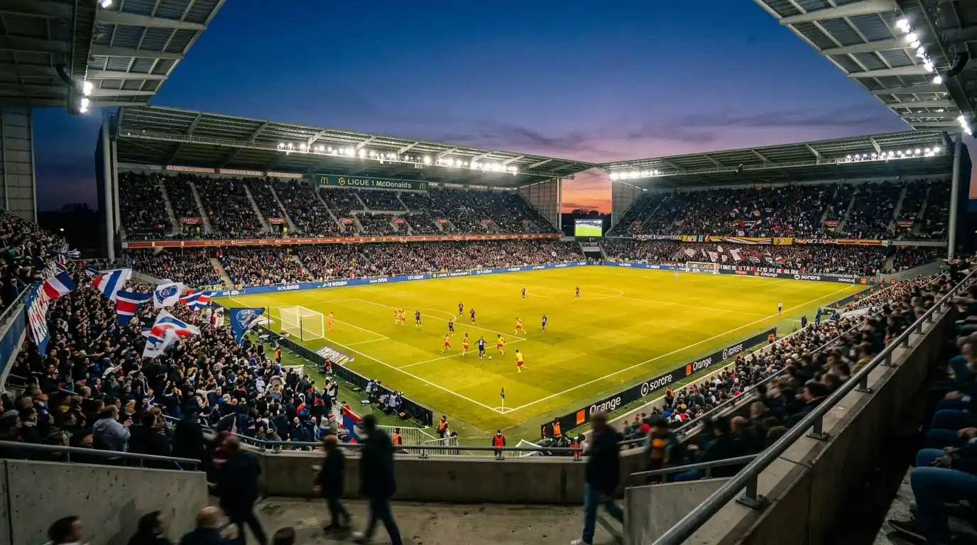 Voetbalstadion bij avond met sfeerverlichting tijdens een Ligue 1-wedstrijd